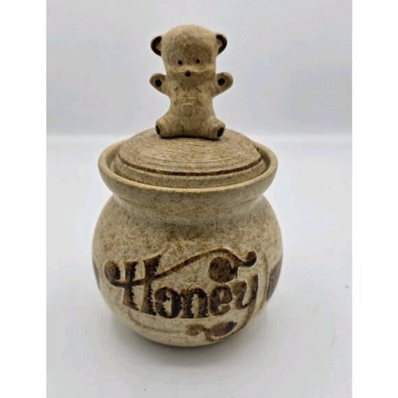 Vintage USA Pottery Craft Honey Jar with Dipper Teddy Bear Lid 6.5 Inches Tall - Picture 1 of 7